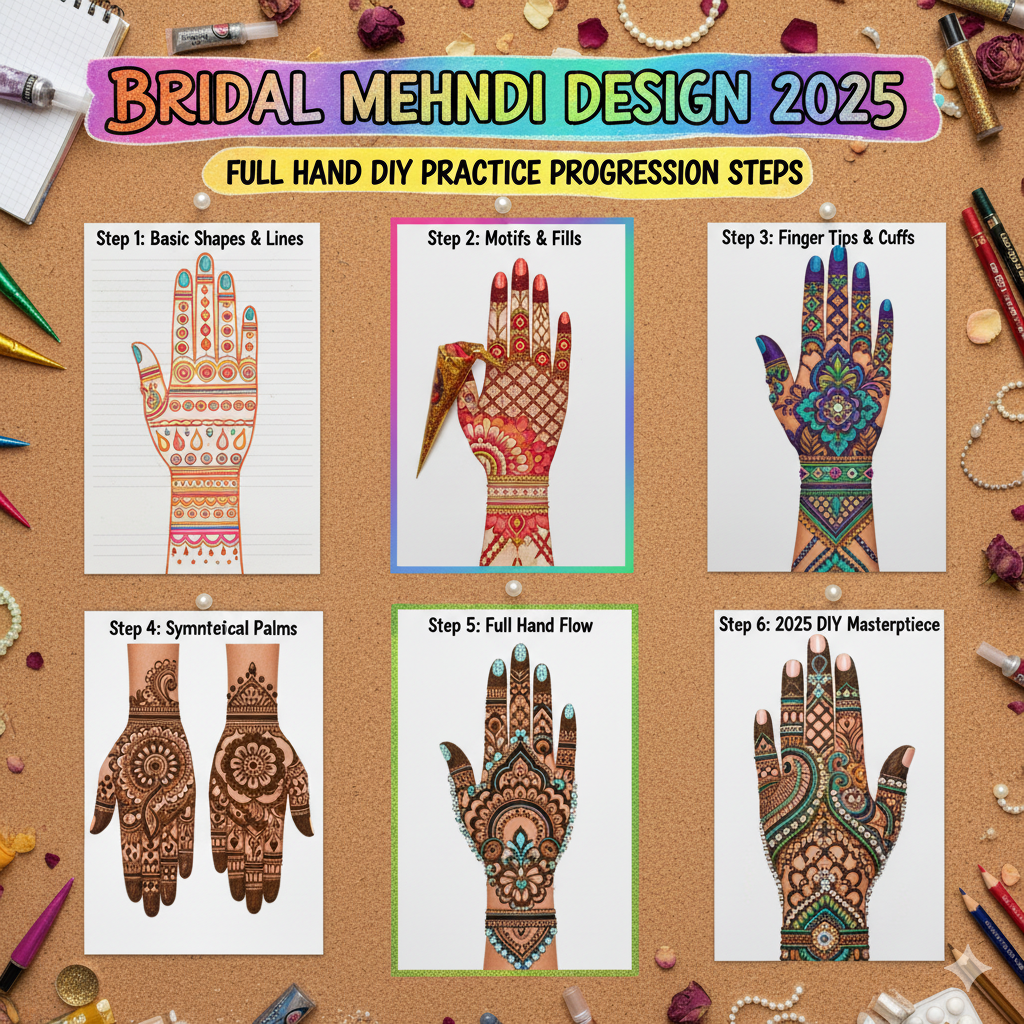 bridal mehndi design 2025 full hand DIY practice progression steps